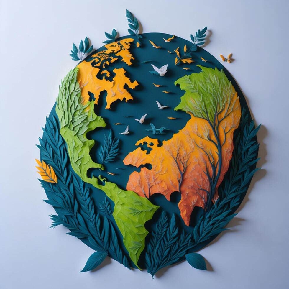 Earth day concept with flowers and butterfly paper cut style, World environment day photo