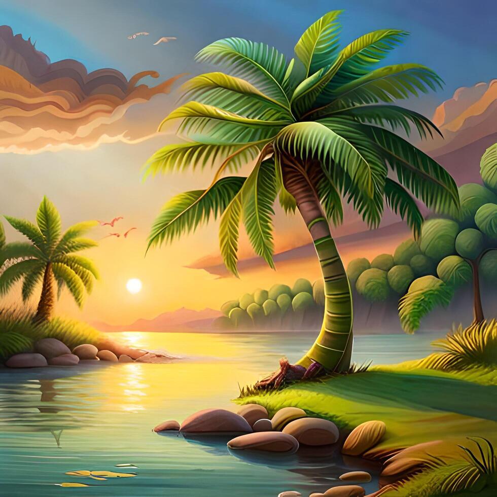 ai generado imagen ilustración de un Coco árbol por el río foto