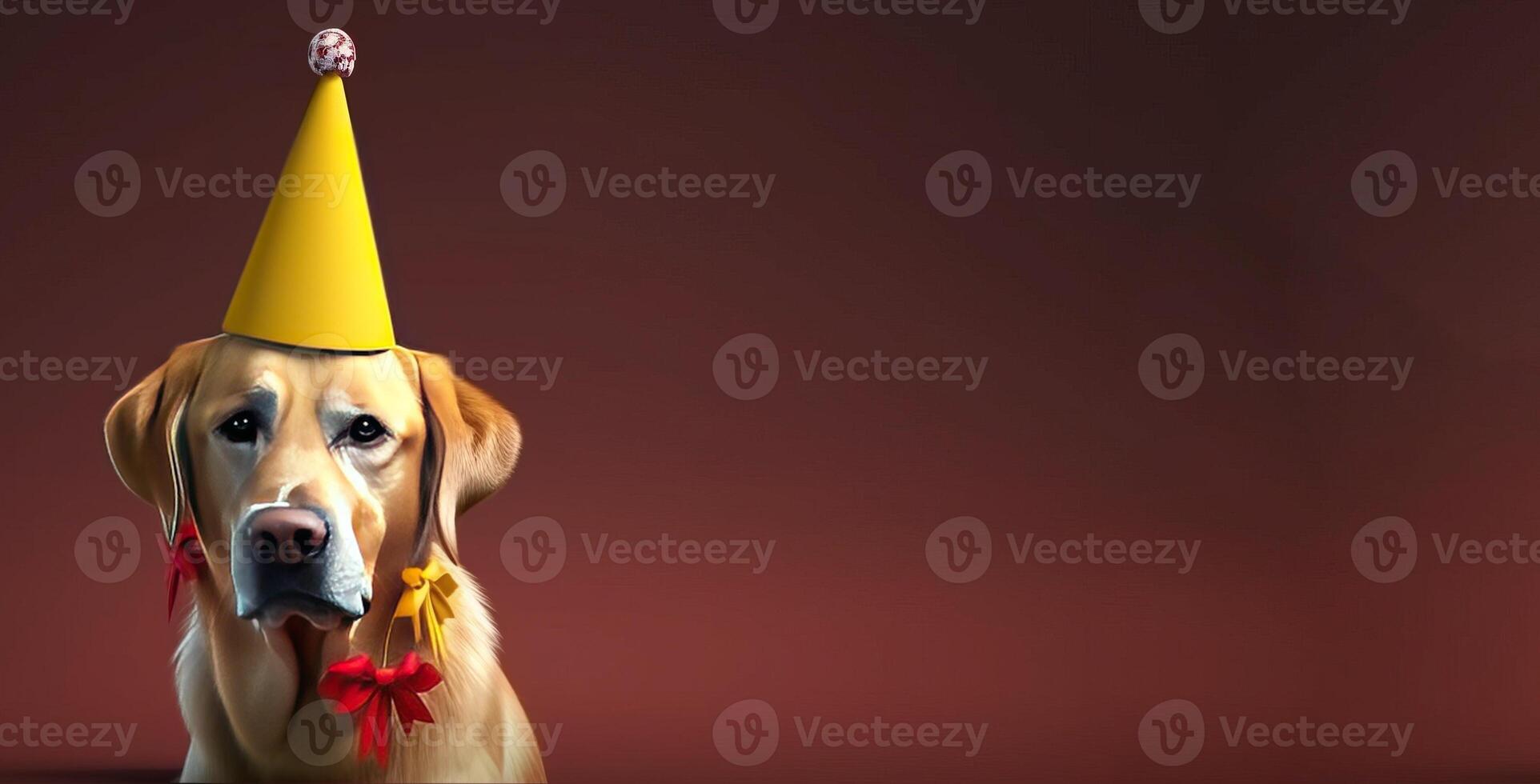 Dog in a party cap on a birthday on a holiday. Dark background, isolate. . photo
