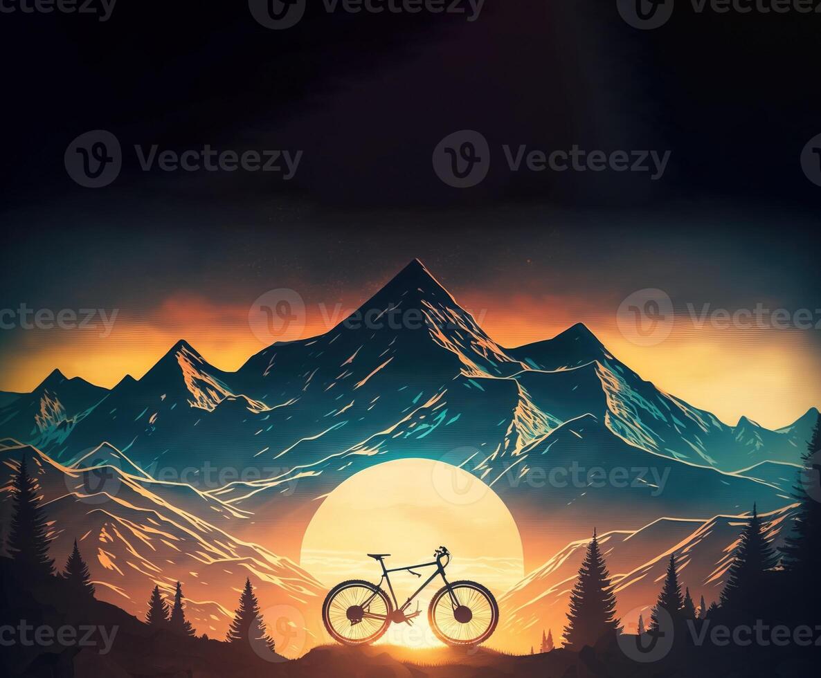 Concept of World Bicycle Day on top of mountain against background of morning sun. . photo