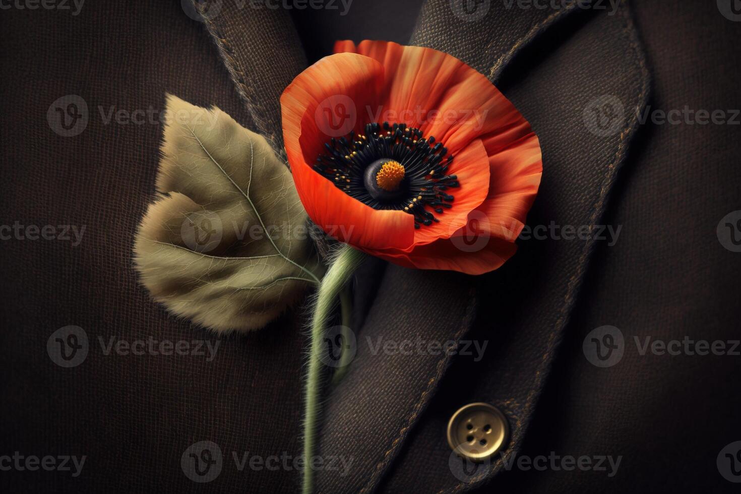 Poppy flower in buttonhole of jacket, symbol of victory in war veteran. . photo