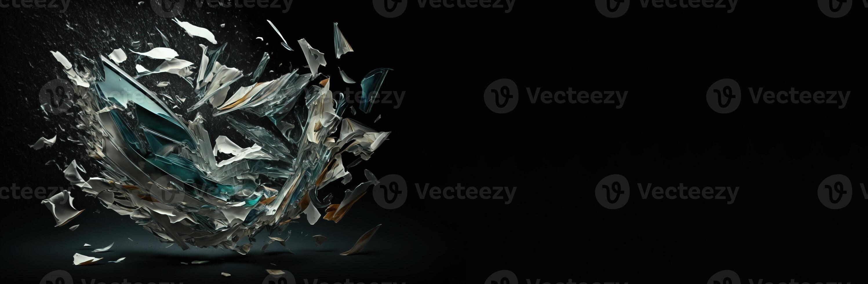 Shards of shiny glass and ice in flight, isolate, black background. photo