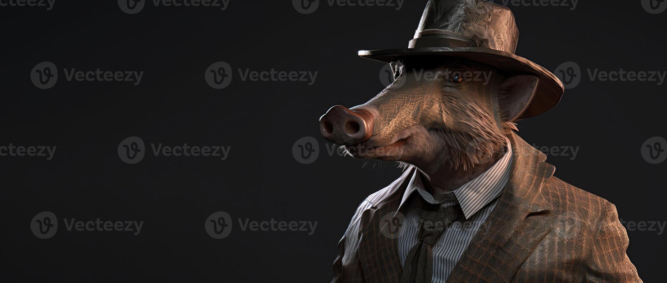 Gentleman, boss wild boar, pig in hat, suit and tie. Banner header. . photo