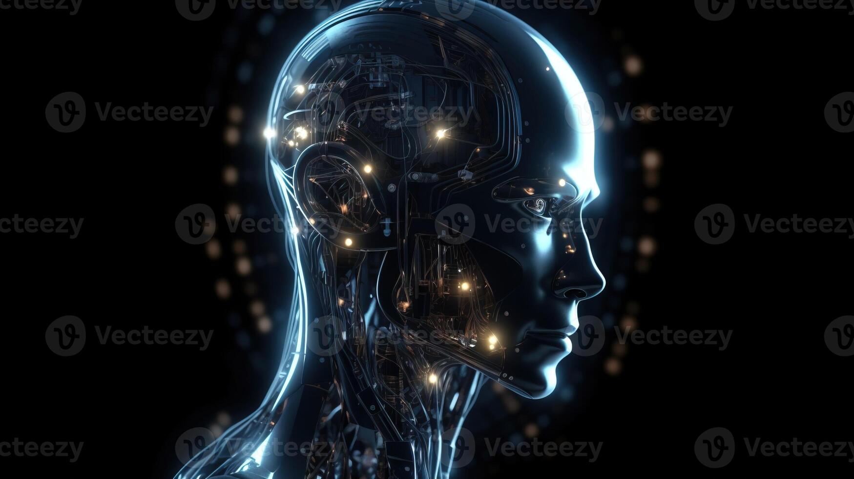 Artificial intelligence, composition of a chrome cyborg robot on a dark background, isolate. . photo