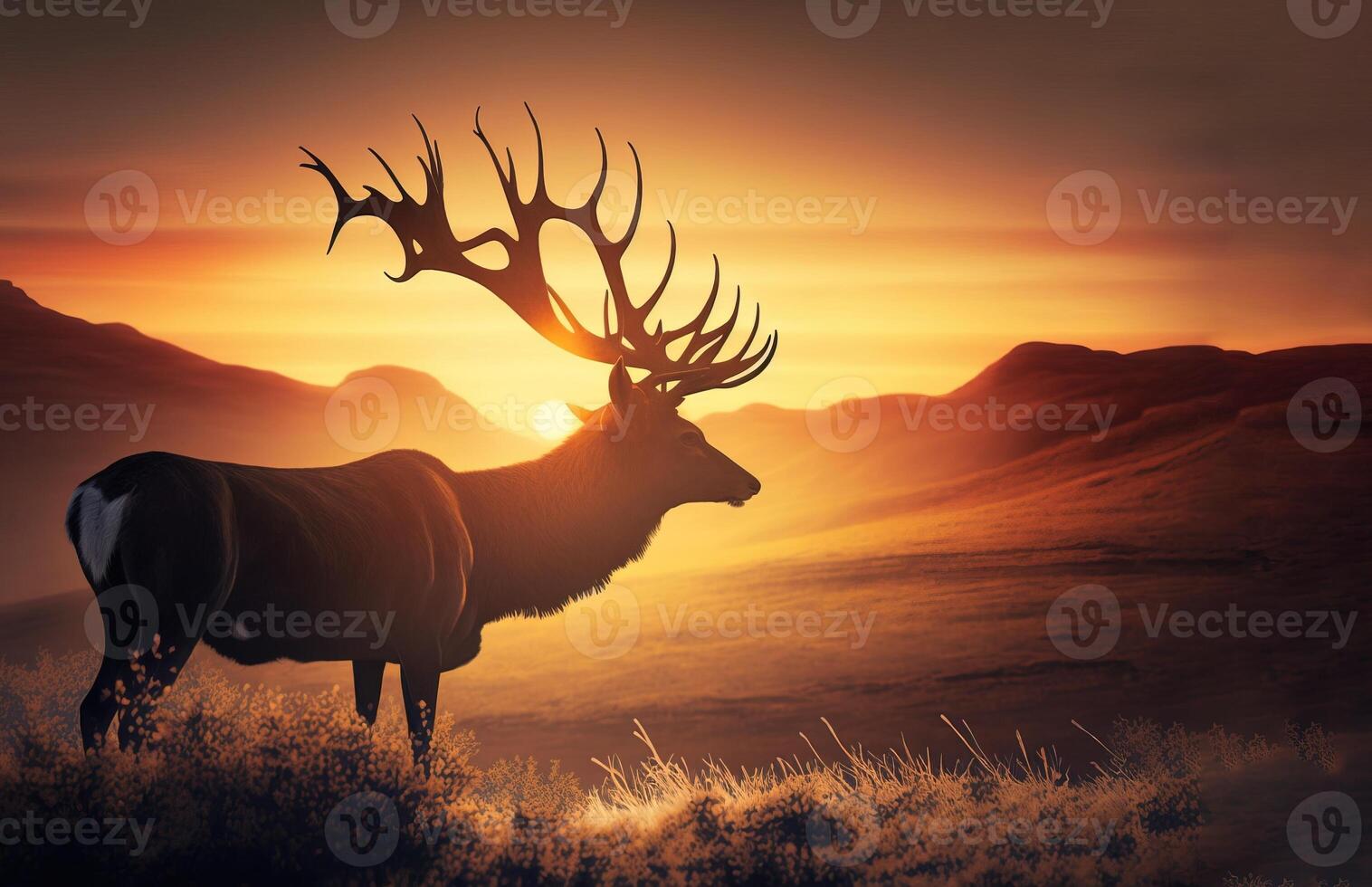 Beautiful deer on a background with a sunrise in a clearing. . photo