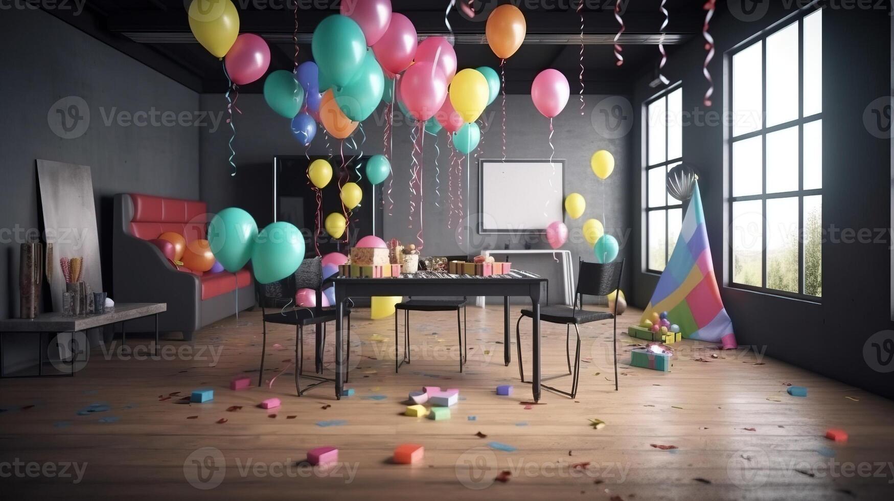 The children room is decorated for the celebration of the birthday, colorful balloons, ribbons. . photo