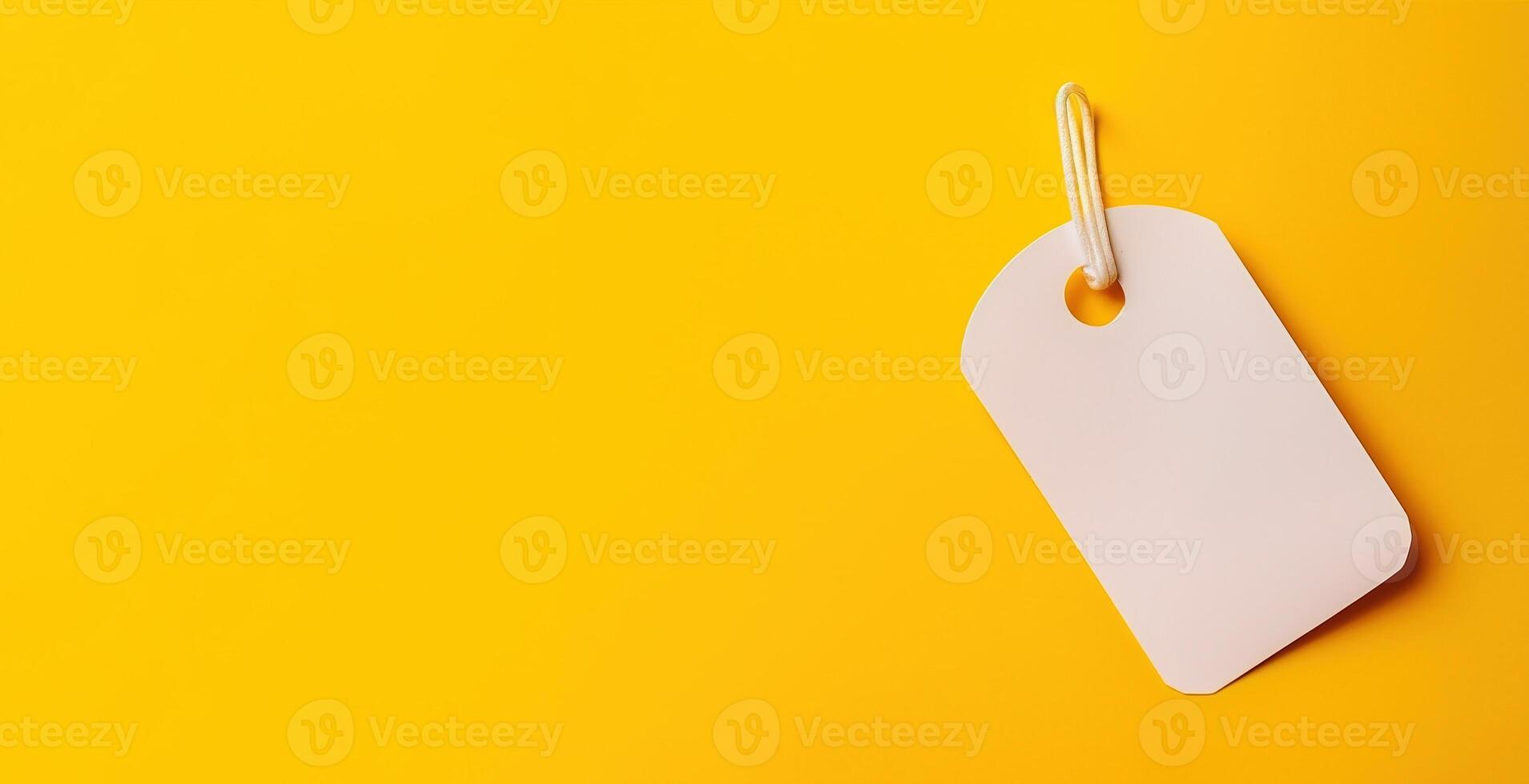 Black Friday. White price tag sticker on a string on a yellow background. . photo