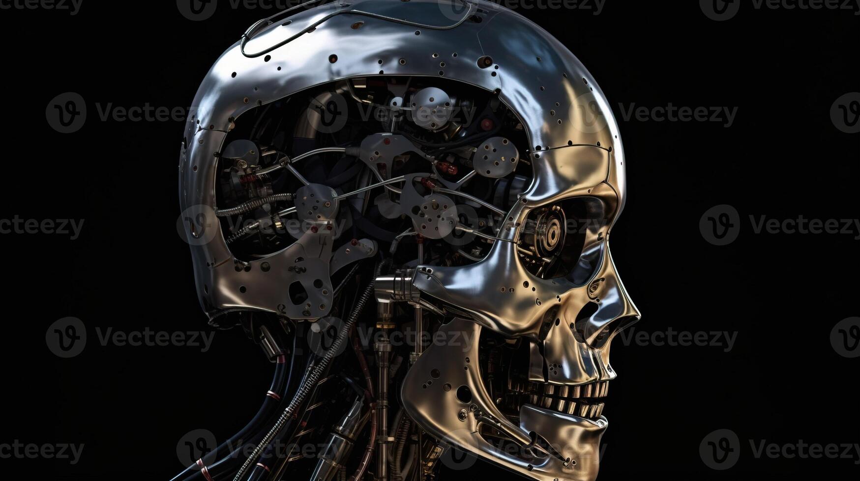 Artificial intelligence, composition of a chrome cyborg robot on a dark background, isolate. . photo