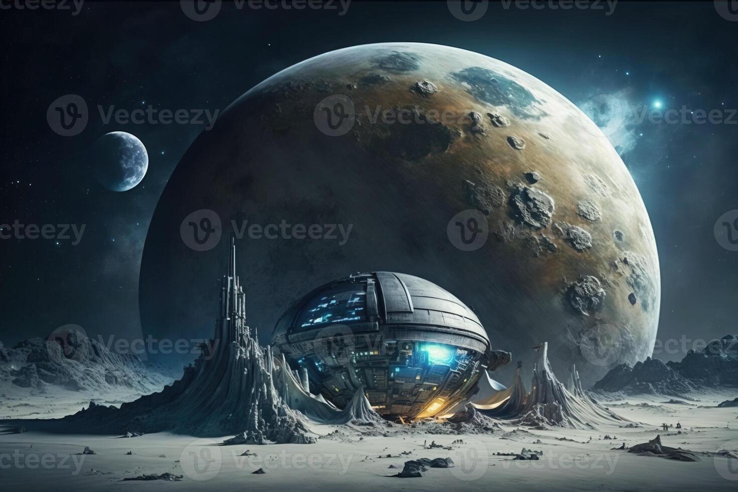 Illustration of space base on moon for astronauts on background of planet. . photo