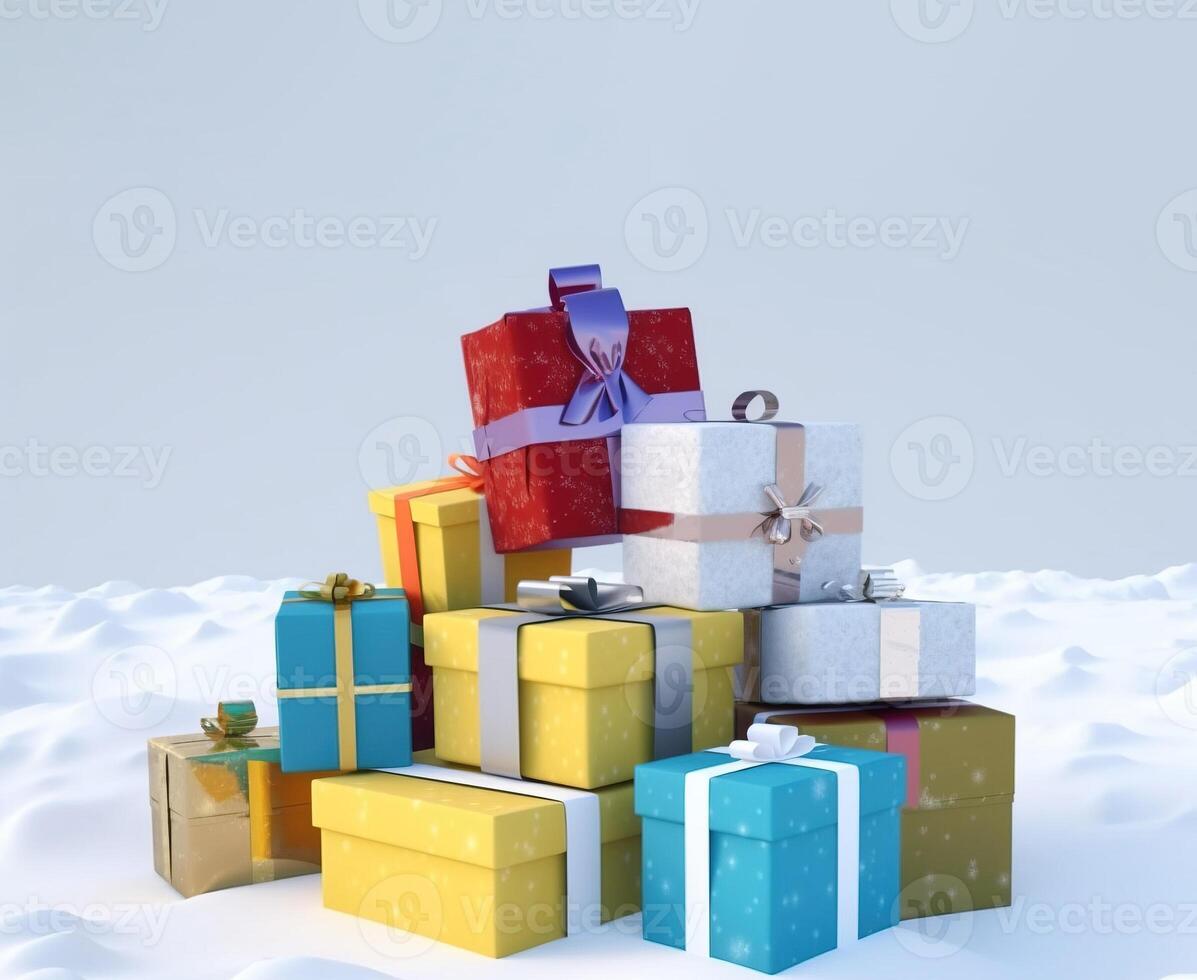 Christmas holiday box with a ribbon in a snowdrift, white background, isolate. . photo