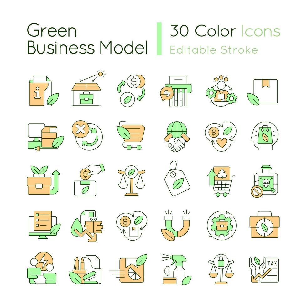 Green business model RGB color icons set. Environment friendly company. Isolated vector illustrations. Simple filled line drawings collection. Editable stroke