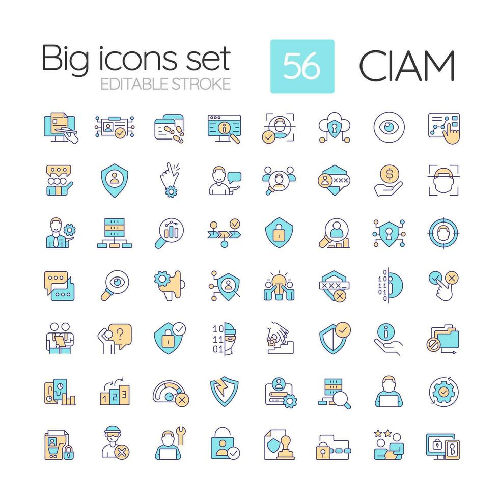 CIAM RGB color icons set. Consumer security. User confidential data management. Isolated vector illustrations. Simple filled line drawings collection. Editable stroke