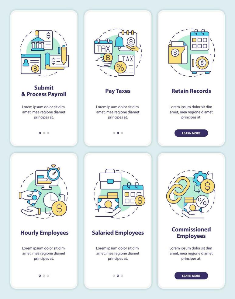 Payroll processing stages and ways onboarding mobile app screen set. Walkthrough 3 steps editable graphic instructions with linear concepts. UI, UX, GUI template vector