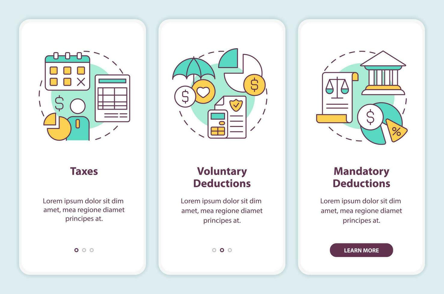 Payroll deductions types onboarding mobile app screen. Withhold walkthrough 3 steps editable graphic instructions with linear concepts. UI, UX, GUI template vector