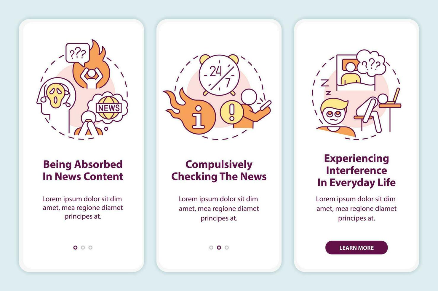 Problematic news consumption onboarding mobile app screen. Walkthrough 3 steps editable graphic instructions with linear concepts. UI, UX, GUI template vector