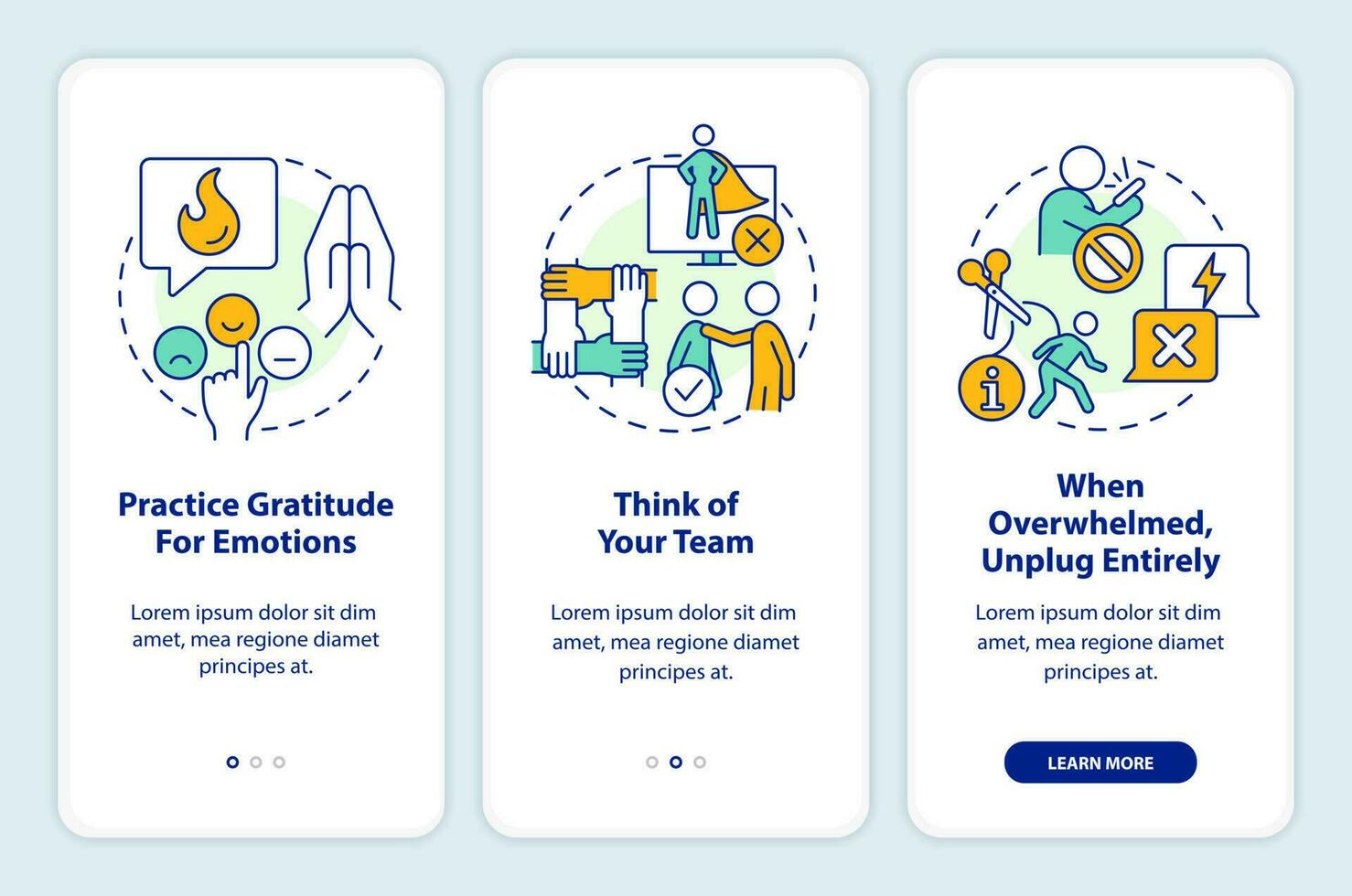 Stay informed without burnout onboarding mobile app screen. Bad news walkthrough 3 steps editable graphic instructions with linear concepts. UI, UX, GUI template vector