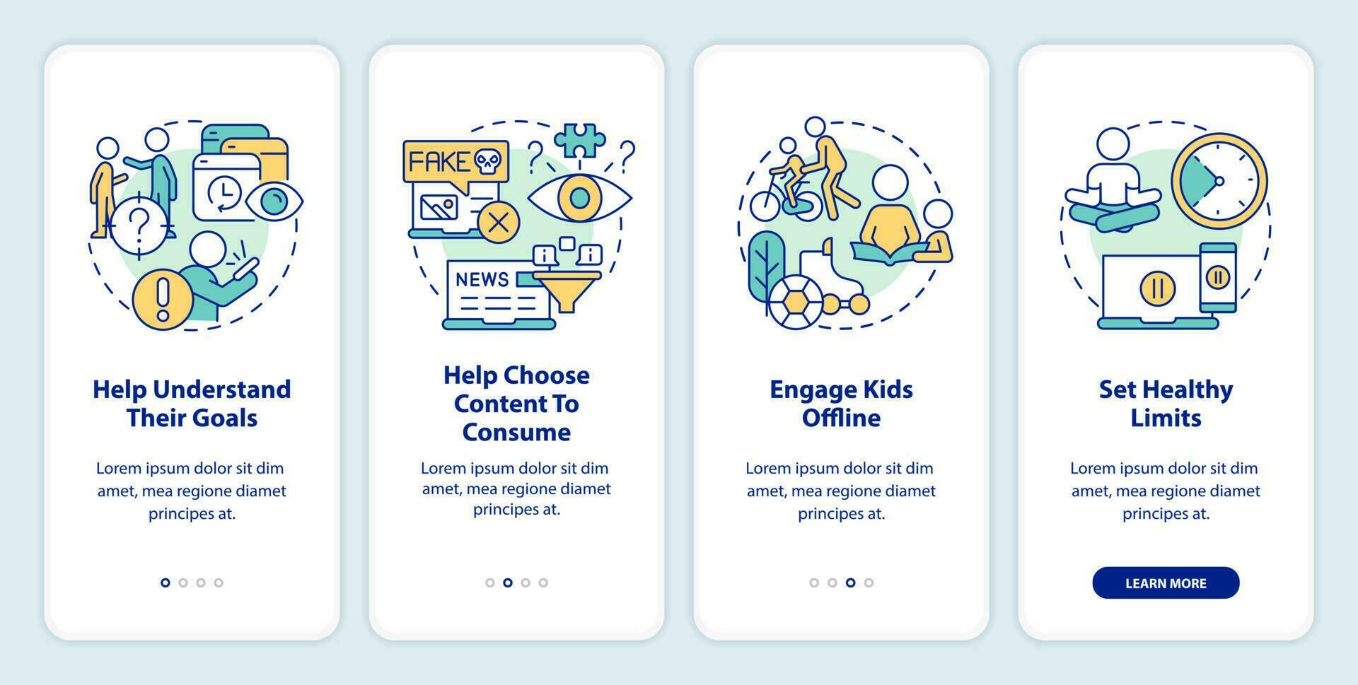 Help kids to cope with doomscrolling onboarding mobile app screen. Walkthrough 4 steps editable graphic instructions with linear concepts. UI, UX, GUI template vector