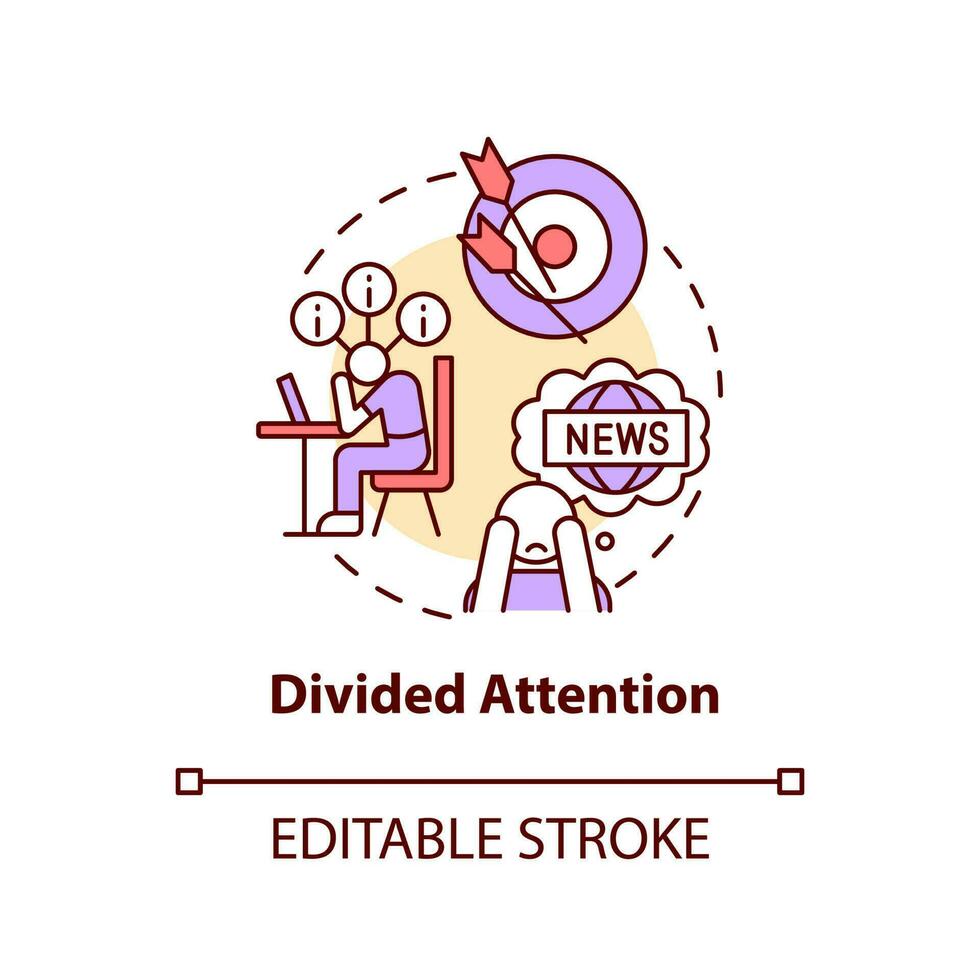 Divided attention concept icon. Information overload. Binge reading news problem abstract idea thin line illustration. Isolated outline drawing. Editable stroke vector