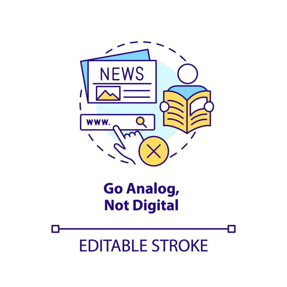 Go analog not digital concept icon. Information consumption. Prevent news overload abstract idea thin line illustration. Isolated outline drawing. Editable stroke vector