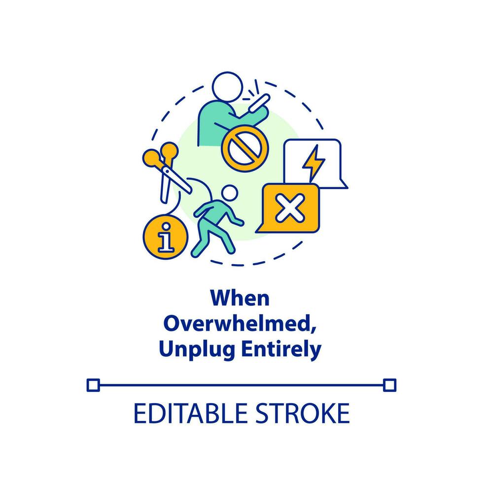 Unplug when feeling overwhelmed concept icon. Stay informed without stress from news abstract idea thin line illustration. Isolated outline drawing. Editable stroke vector