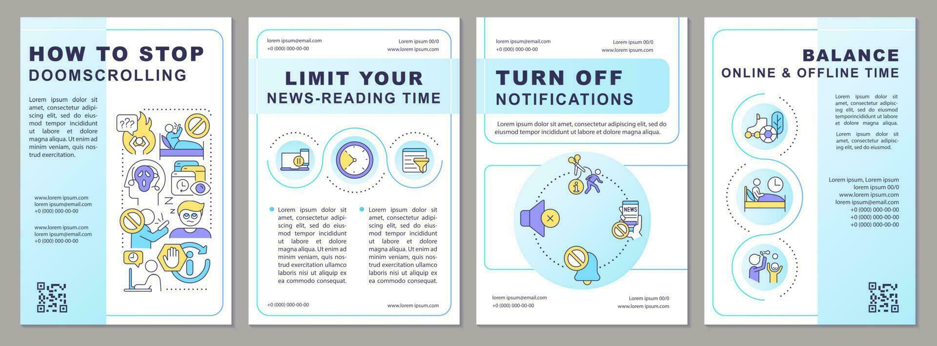 How to stop doomsurfing brochure template. Information explosion. Leaflet design with linear icons. Editable 4 vector layouts for presentation, annual reports