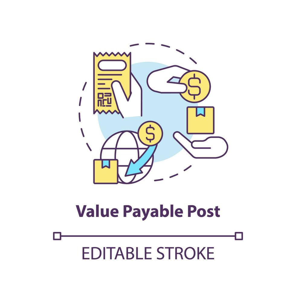 Value payable post concept icon. Pay after receiving. Postal services option abstract idea thin line illustration. Isolated outline drawing. Editable stroke vector