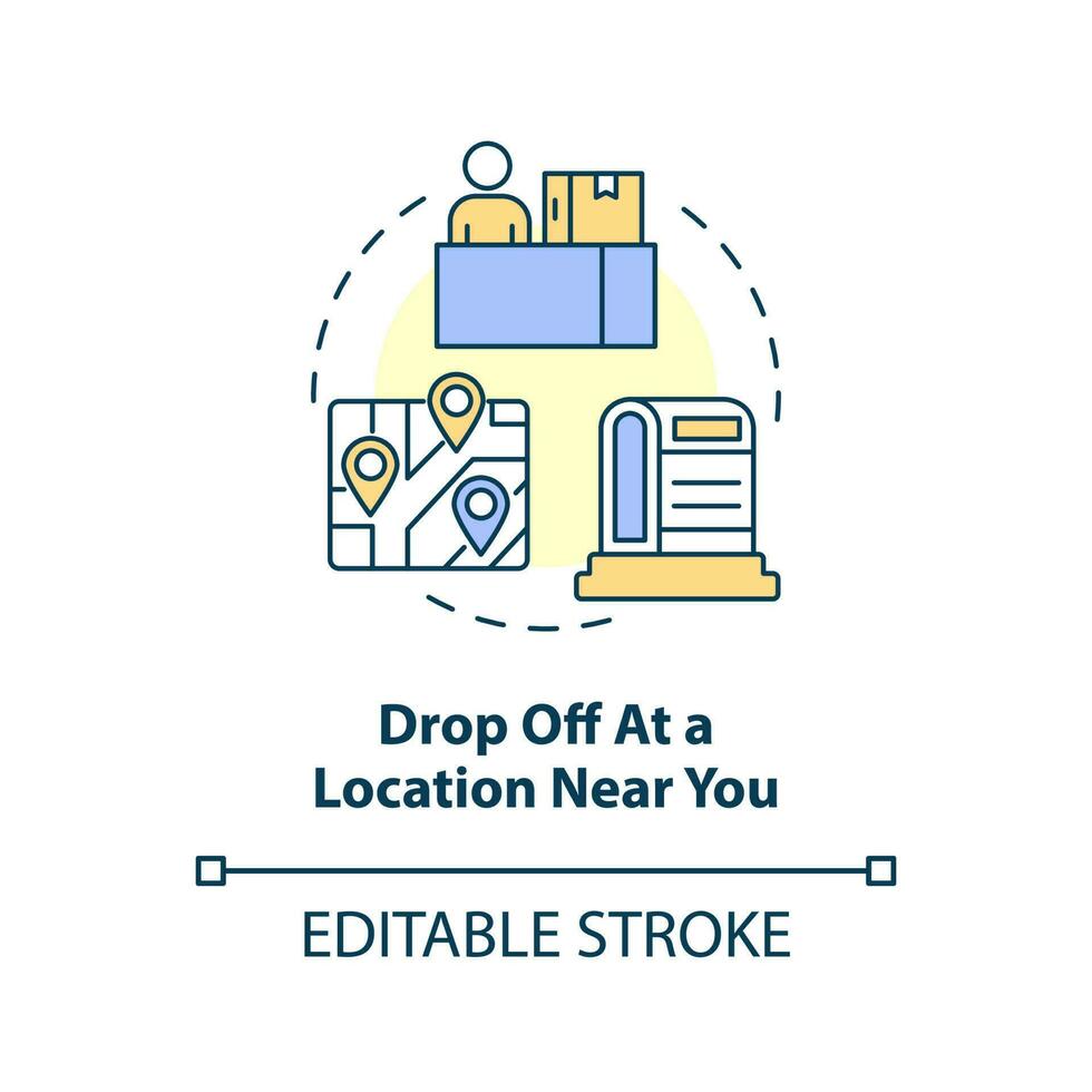Drop off at location near you concept icon. Place to receive parcel. Postal office abstract idea thin line illustration. Isolated outline drawing. Editable stroke vector