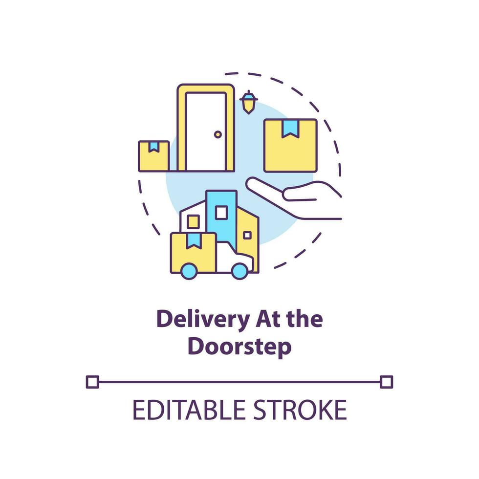 Delivery at doorstep concept icon. Address shipping. Courier services. Receive parcel abstract idea thin line illustration. Isolated outline drawing. Editable stroke vector