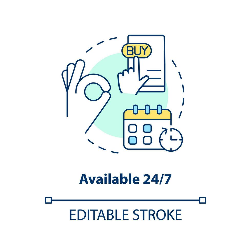 Available hourly concept icon. Affordable round clock. Post box constant access abstract idea thin line illustration. Isolated outline drawing. Editable stroke vector