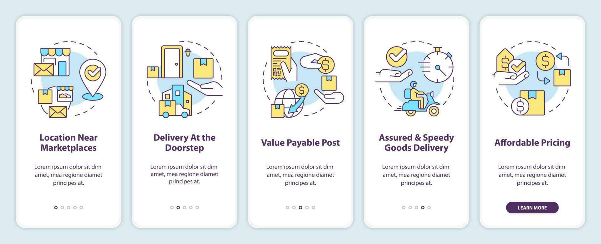 Postal service advantages onboarding mobile app screen. Delivery pros walkthrough 5 steps editable graphic instructions with linear concepts. UI, UX, GUI template vector