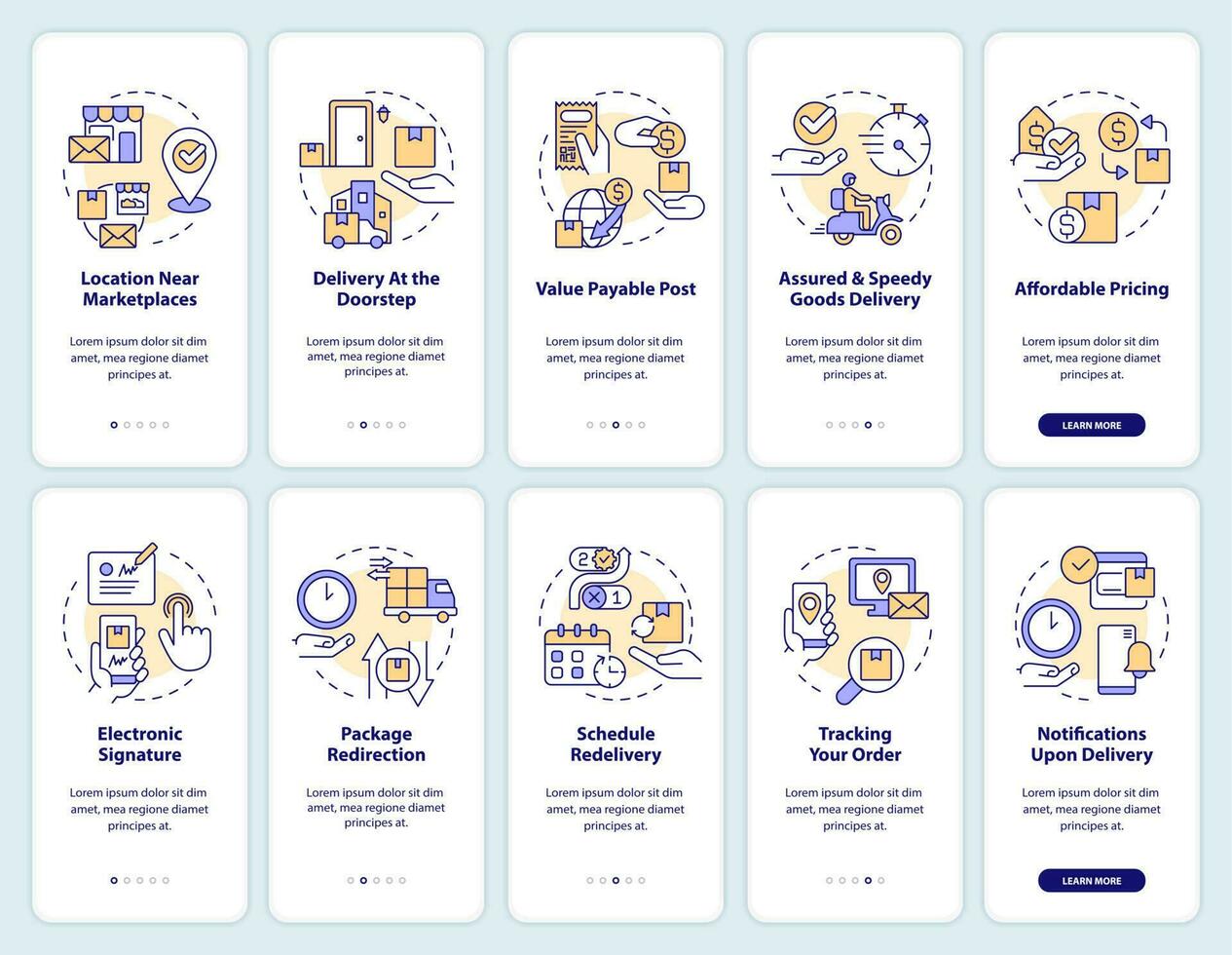 Postal service benefits onboarding mobile app screen. Delivery options walkthrough 5 steps editable graphic instructions with linear concepts. UI, UX, GUI template vector