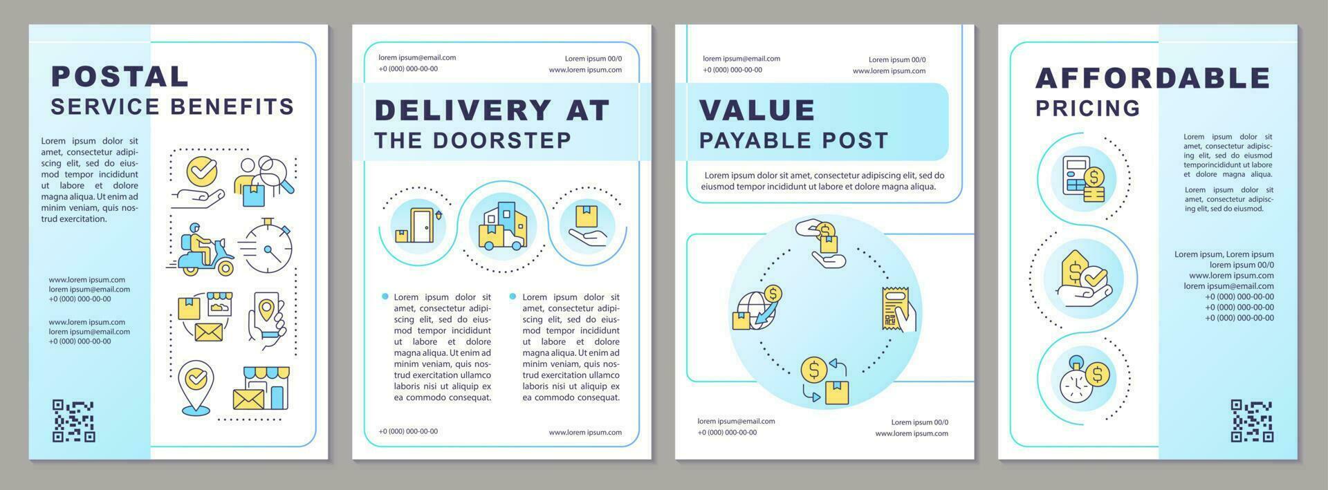 Postal service benefits blue brochure template. Delivery advantages. Leaflet design with linear icons. Editable 4 vector layouts for presentation, annual reports