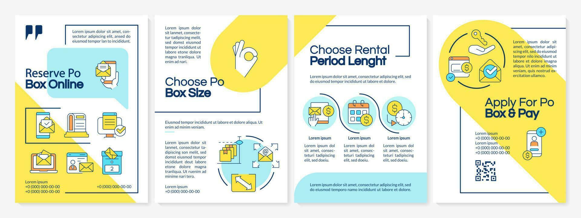 Postal box services blue and yellow brochure template. Letterbox pros. Leaflet design with linear icons. Editable 4 vector layouts for presentation, annual reports