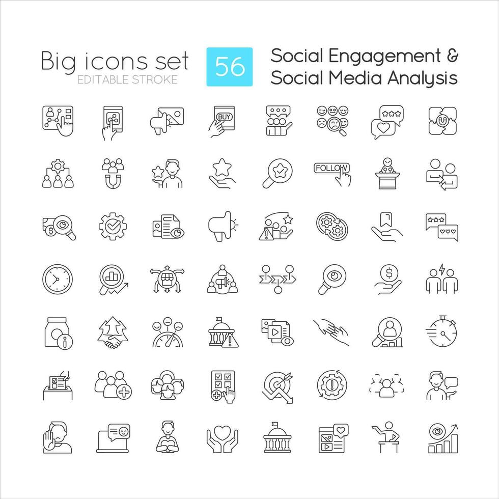 Social media engagement linear icons set. Target audience involvement. Users analysis. Customizable thin line symbols. Isolated vector outline illustrations. Editable stroke