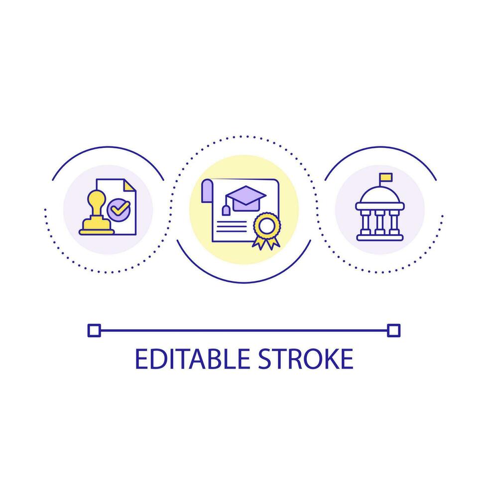 Official degree certificate loop concept icon. Graduating student paper. Learning success abstract idea thin line illustration. Isolated outline drawing. Editable stroke vector