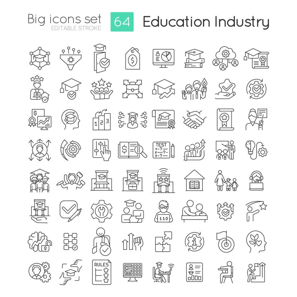 Education industry linear icons set. Specific knowledge. Learning process. Customizable thin line symbols. Isolated vector outline illustrations. Editable stroke