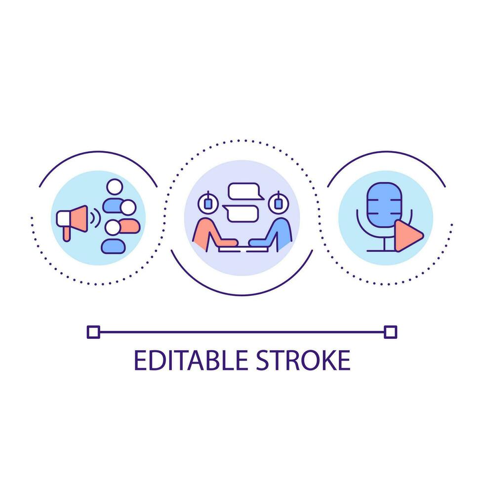 Conversational video loop concept icon. Digital content. Live streaming. Co hosted format. Web podcast abstract idea thin line illustration. Isolated outline drawing. Editable stroke vector