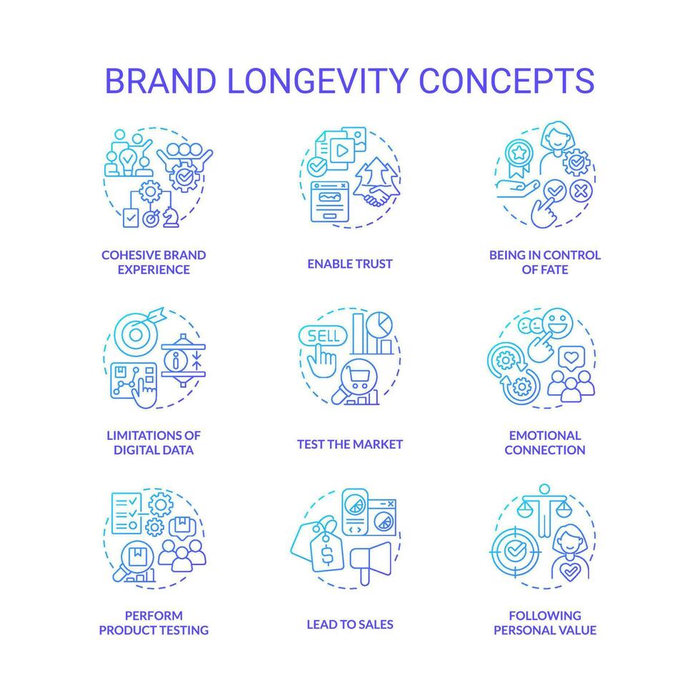 Brand longevity and service quality blue gradient concept icons set. Business development idea thin line color illustrations. Isolated symbols vector