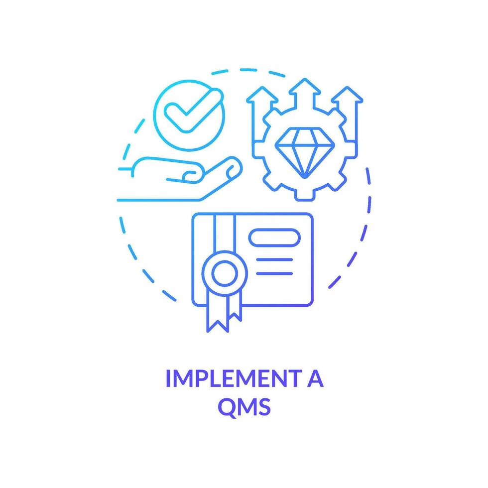 Implement QMS blue gradient concept icon. Quality management system. Improving product establishment abstract idea thin line illustration. Isolated outline drawing vector