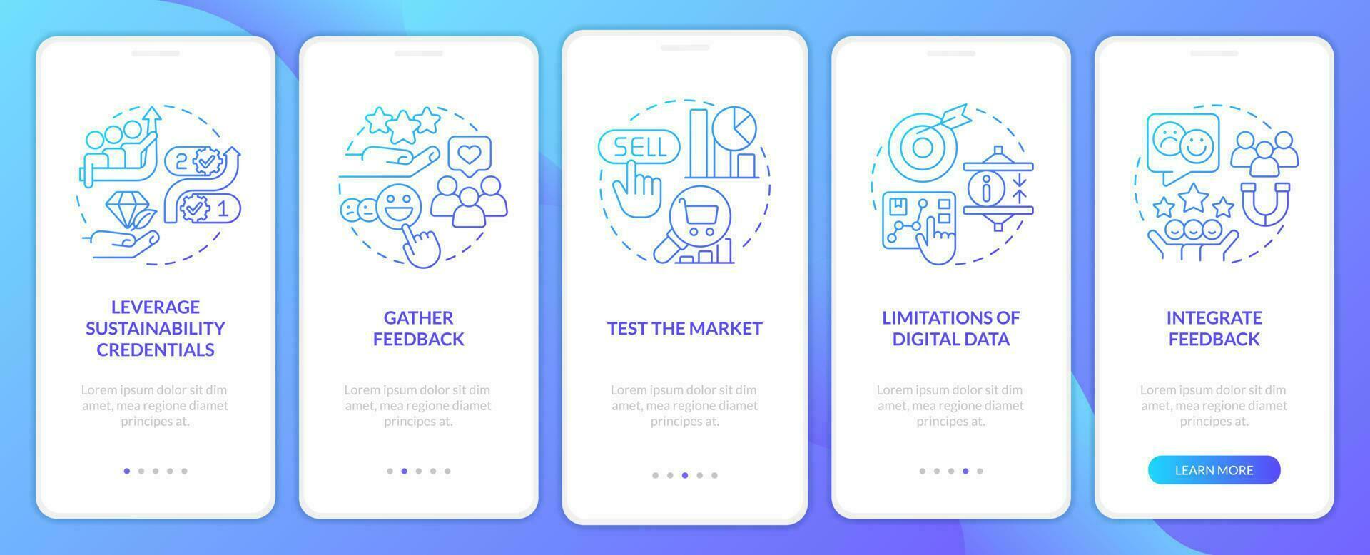 Ways to sustain your brand blue gradient onboarding mobile app screen. Walkthrough 5 graphic instructions with linear concepts. UI, UX, GUI template vector