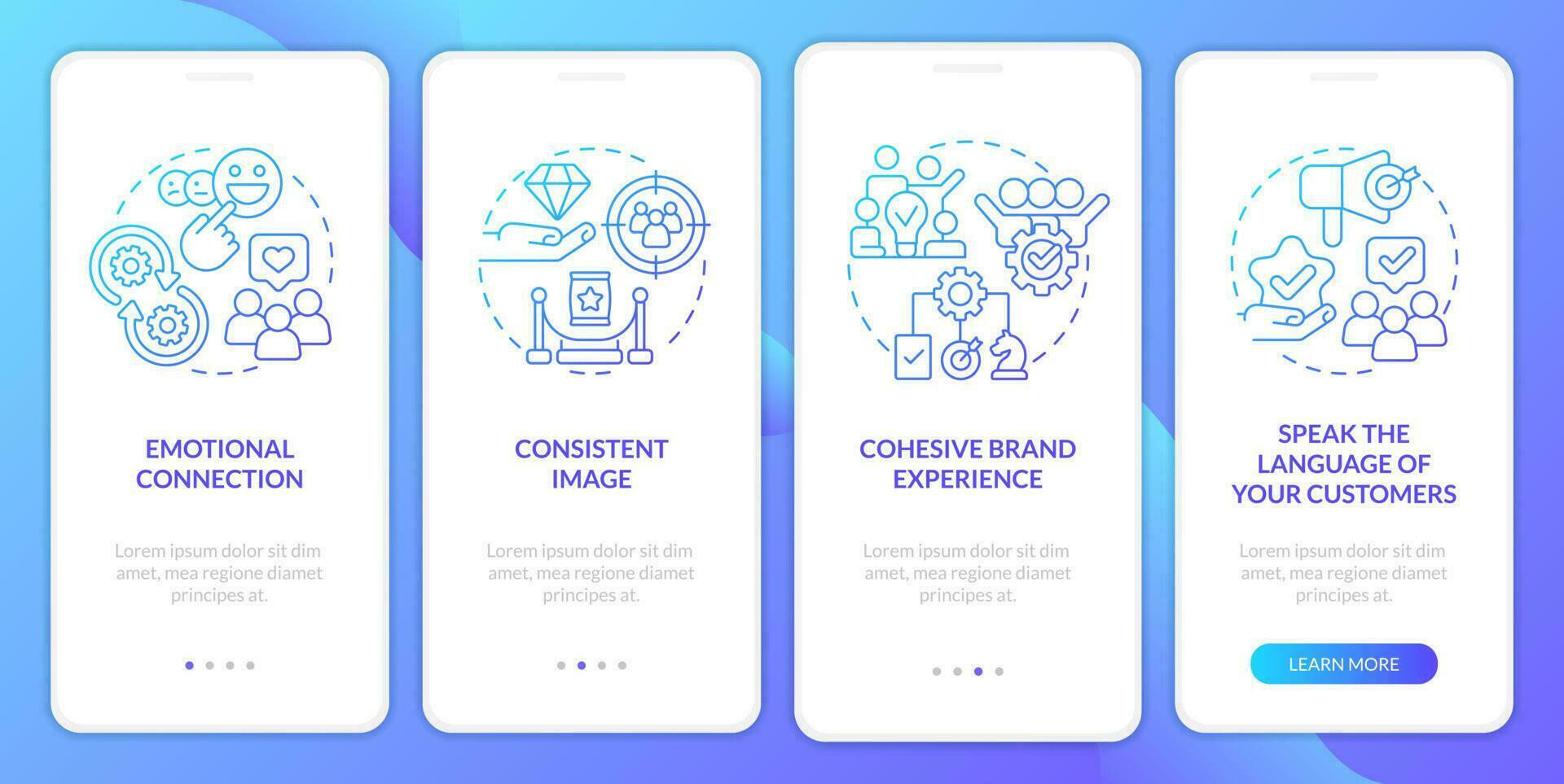 Ways to develop brand longevity blue gradient onboarding mobile app screen. Walkthrough 4 graphic instructions with linear concepts. UI, UX, GUI template vector
