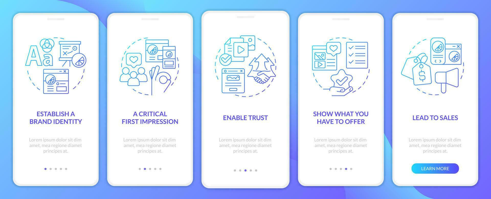 Website quality importance blue gradient onboarding mobile app screen. Walkthrough 5 graphic instructions with linear concepts. UI, UX, GUI template vector