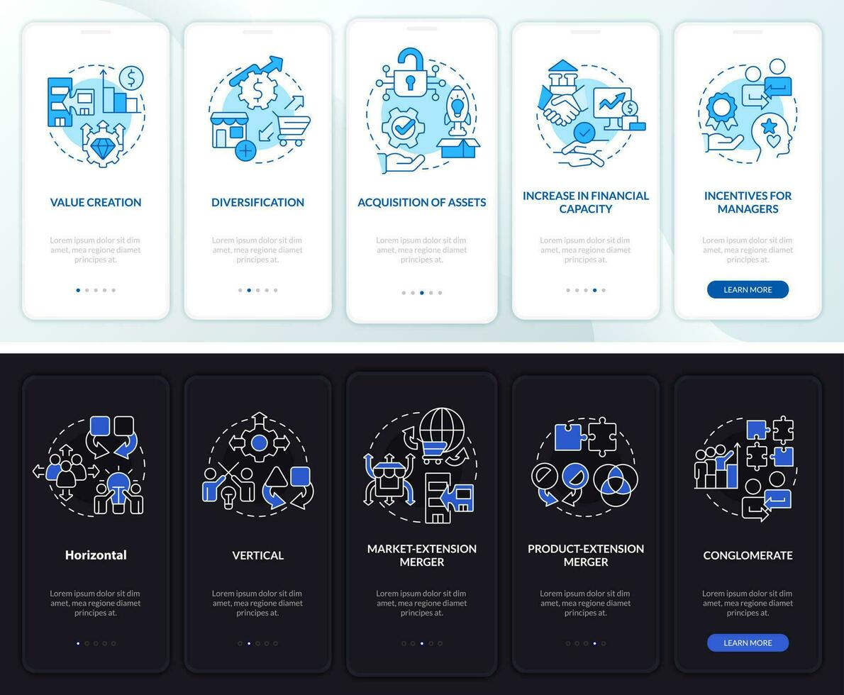 fusiones motivos noche y día modo inducción móvil aplicación pantalla. recorrido 5 5 pasos editable gráfico instrucciones con lineal conceptos. ui, ux, gui modelo vector