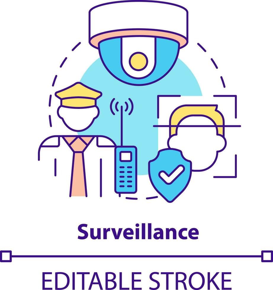 Surveillance concept icon. Physical security framework form abstract idea thin line illustration. Facial recognition. Isolated outline drawing. Editable stroke vector
