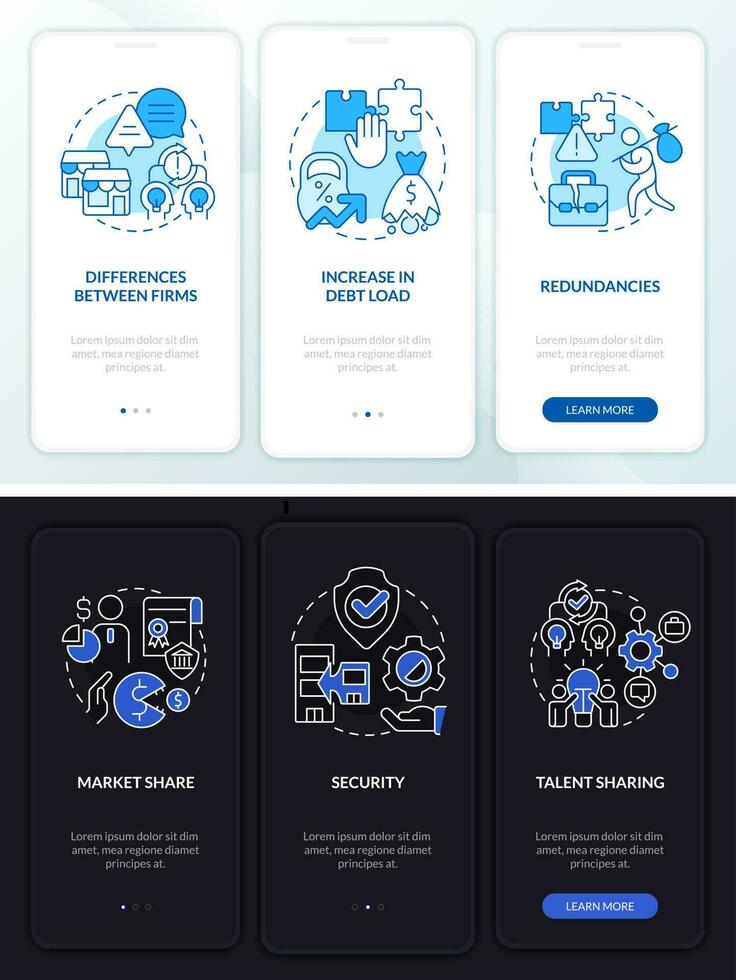 Cons of consolidation night and day mode onboarding mobile app screen. Walkthrough 3 steps editable graphic instructions with linear concepts. UI, UX, GUI template vector