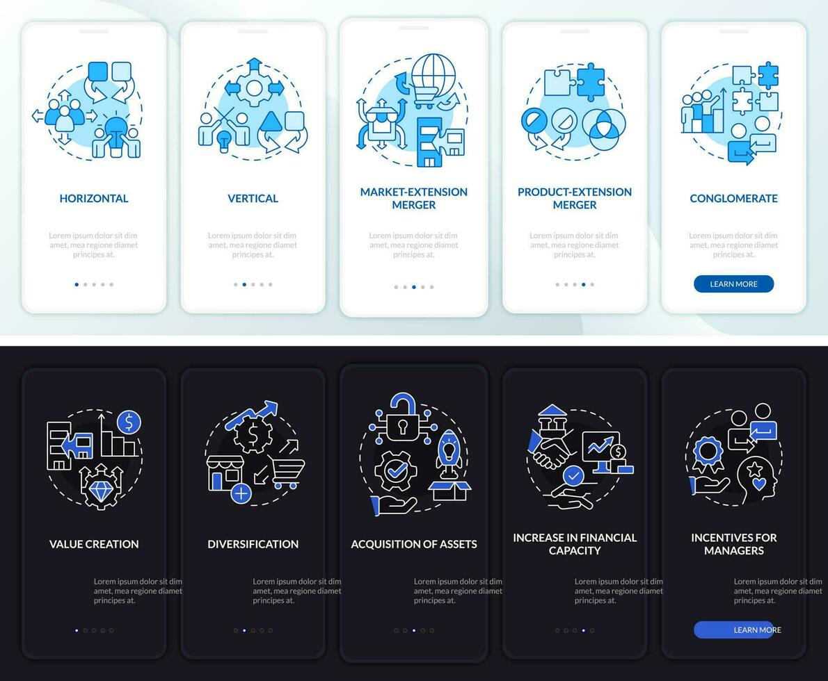 Types of mergers night and day mode onboarding mobile app screen. Walkthrough 5 steps editable graphic instructions with linear concepts. UI, UX, GUI template vector