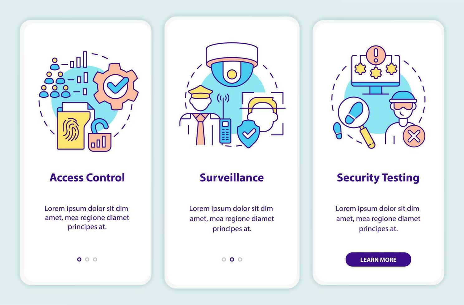 Parts of physical security onboarding mobile app screen. Protection walkthrough 3 steps editable graphic instructions with linear concepts. UI, UX, GUI template vector