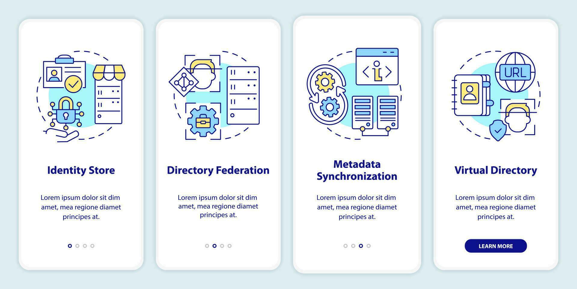 Directory services onboarding mobile app screen. Data storage walkthrough 4 steps editable graphic instructions with linear concepts. UI, UX, GUI template vector