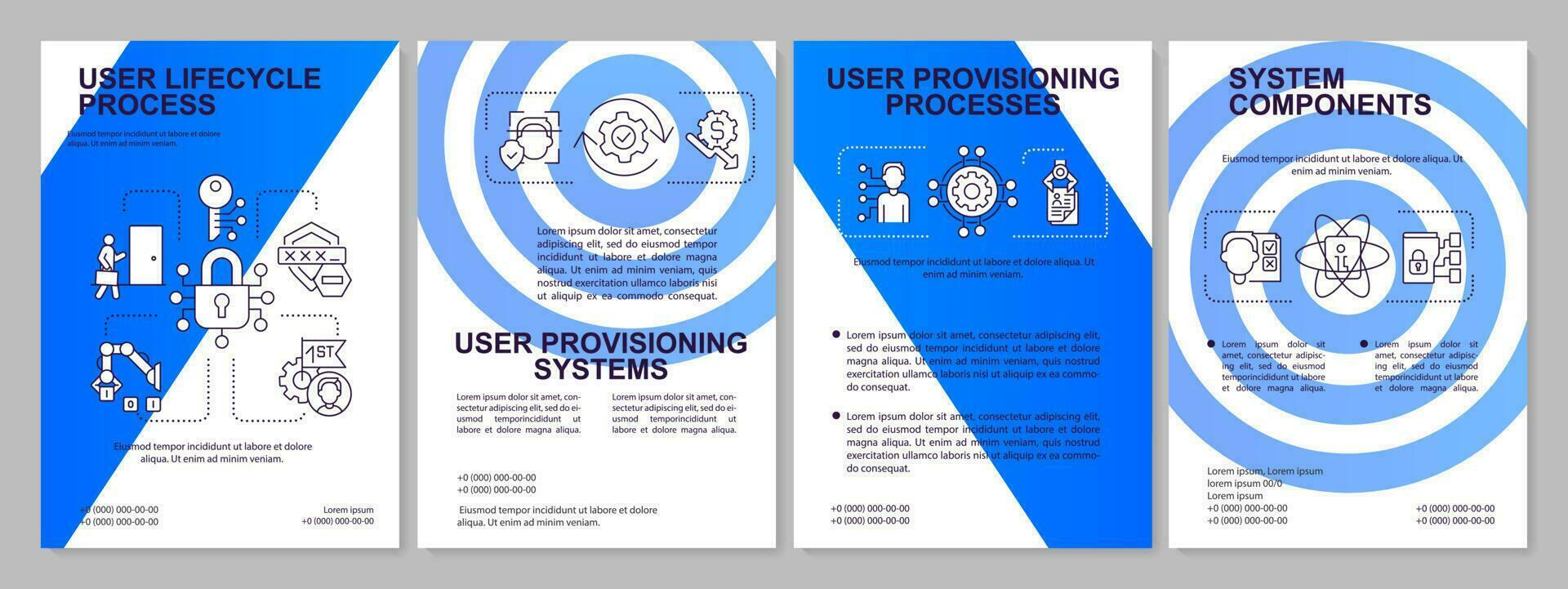 Software for user provisioning blue brochure template. Facility. Leaflet design with linear icons. Editable 4 vector layouts for presentation, annual reports