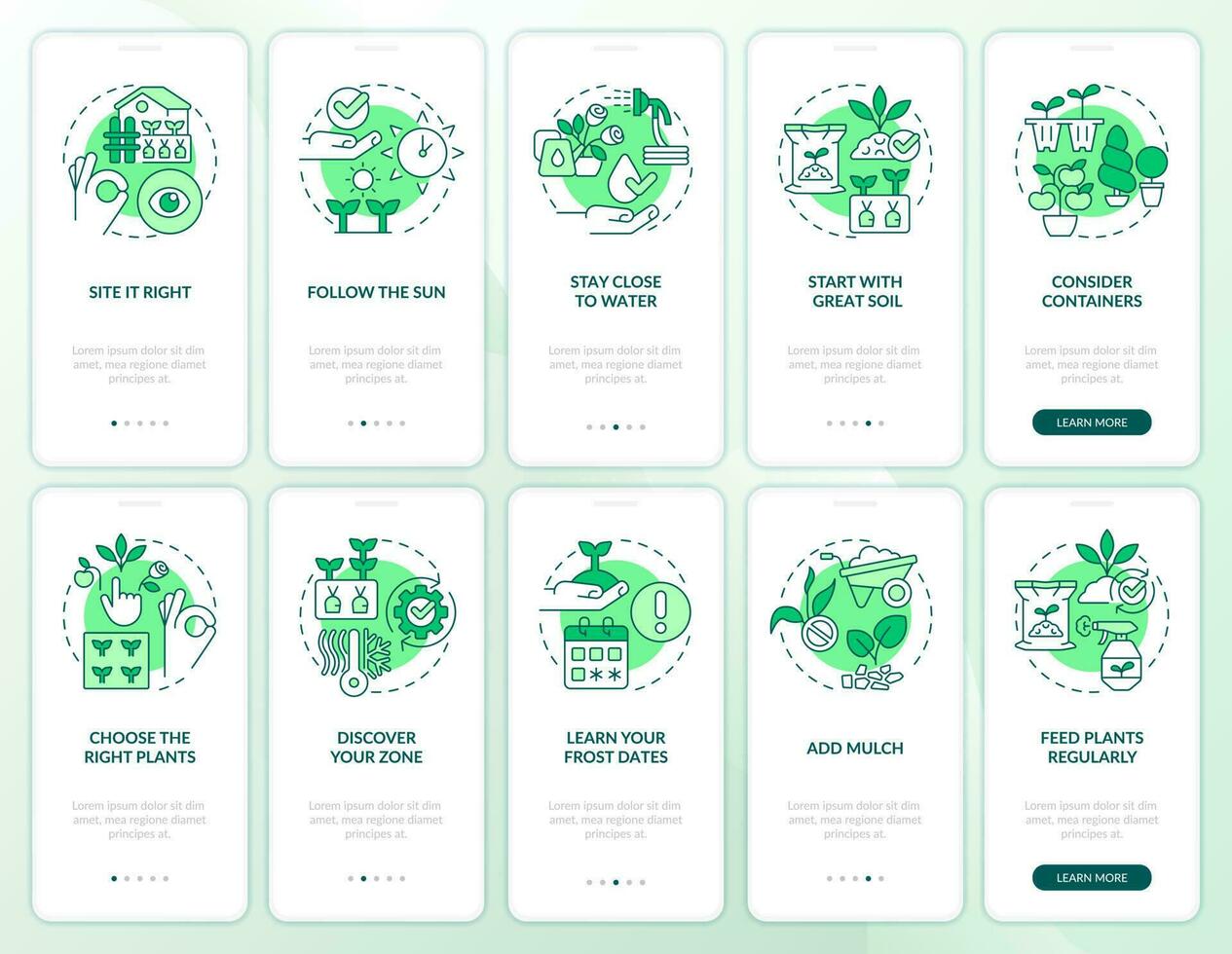 Gardening tips green onboarding mobile app screen set. Horticulture walkthrough 5 steps editable graphic instructions with linear concepts. UI, UX, GUI template vector